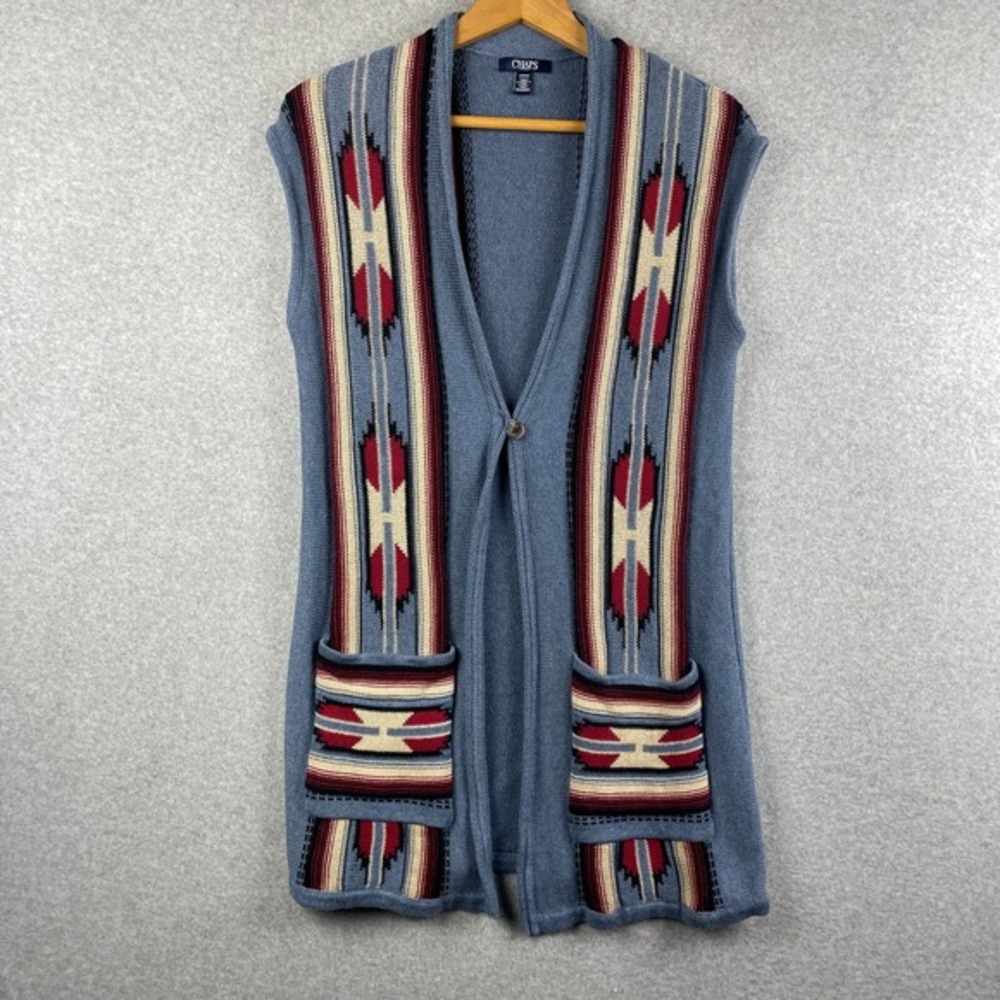 Chaps Cardigan Vest Women Small Long Tunic Sweater Southwest Aztec Boho Cowgirl